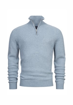 Light blue knitted sweater with a half-zip collar, ribbed texture, long sleeves, and fitted cuffs and hem.