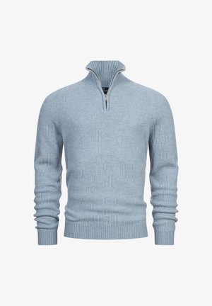 Lichtblauwe gebreide trui met een halve rits kraag, geribde textuur, lange mouwen, en aansluitende manchetten en zoom.