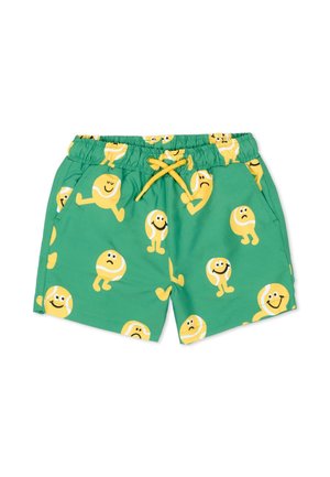Pantaloncini verdi per bambini con coulisse gialla e tasche, caratterizzati da giocosi personaggi di palline da tennis gialle con espressioni sorridenti e tristi.
