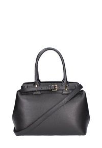 Sac à main en cuir noir avec un matériau texturé, deux poignées, une bandoulière amovible et des accents en métal doré.