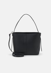 Sac cabas en cuir noir avec une forme structurée, une anse unique sur le dessus et une bandoulière amovible. Texture lisse, design minimaliste.