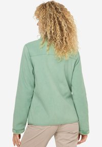 Veste en polaire vert menthe avec une texture douce, dotée de manches longues et d'un col haut. Les accents comprennent une bordure lisse le long des épaules.