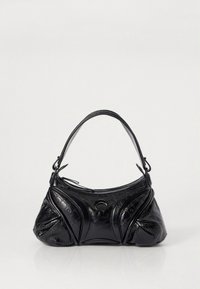 Black leather handbag with textured panels, a curved shape, a top handle, and a circular accent. Features perforated detailing on the sides.