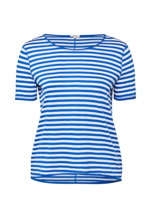 Blau-weiß gestreiftes T-Shirt mit kurzen Ärmeln, rundem Ausschnitt und abgestepptem Saum auf einfarbig weißem Hintergrund.