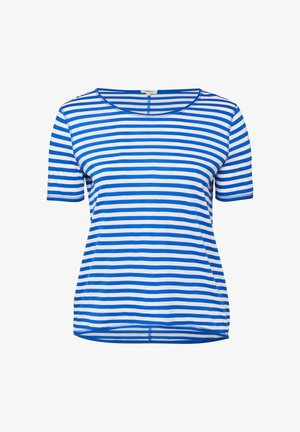 Blau-weiß gestreiftes T-Shirt mit kurzen Ärmeln, rundem Ausschnitt und abgestepptem Saum auf einfarbig weißem Hintergrund.