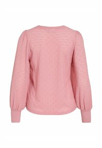 Blusa rosa con maniche a palloncino, tessuto testurizzato, scollo rotondo e vestibilità morbida. Aspetto leggero e arioso, adatta per l'abbigliamento casual.