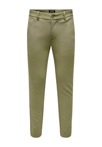 Pantalon chino vert olive à coupe slim, confectionné dans un tissu lisse et léger. Dispose d'une fermeture à boutons et d'une conception classique de poches.