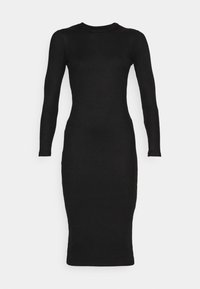 Schwarzes, geripptes Langarmkleid mit enganliegender Silhouette, Rundhalsausschnitt und knielangem Saum, das über eine glatte Textur und ein minimalistisches Design verfügt.