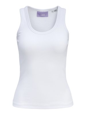 White ribbed tank top featuring a round neckline and narrow shoulder straps. Label on neckline in light purple. Size tag visible.