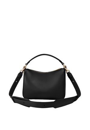 Schwarze Leder-Schultertasche mit einem goldenen Reißverschluss, einem einzelnen oberen Henkel und einem abnehmbaren, verstellbaren Trageriemen. Glatte Textur mit einem minimalistischen Design.