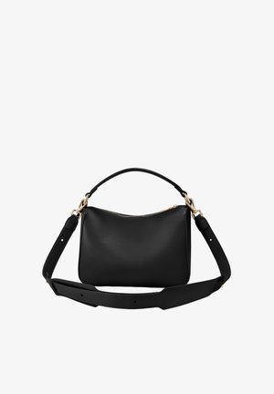 Czarna skórzana torba na ramię z złotym suwakem, pojedynczym uchwytem na górze oraz odpinanym, regulowanym paskiem. Gładka tekstura i minimalistyczny design.