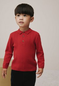 Rode gebreide trui met een kraag, voorzien van een gestructureerd patroon, drie knopen aan de voorkant en lange mouwen, gecombineerd met donkere broek.