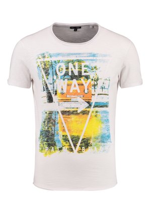 White short-sleeve T-shirt with a colorful graphic of a yellow Volkswagen van, palm trees, and text "ONE WAY" and "PALM BEACH."
