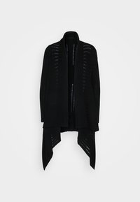 Svart cardigan i texturerat tyg, med öppen front, långa ärmar och en draperad nederkant med asymmetriska punkter.