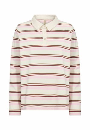 Pitkähihainen poolopaita kermansävyisenä, vaaleanpunaisilla ja ruskeilla vaakaraitasilla. Paidassa on kaulus ja kolmen napin nappilista. Pehmeä tekstuuri.