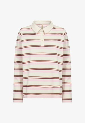 Polo majica z dolgimi rokavi v kremni barvi z vodoravnimi črtami v roza in rjavi barvi. Ima ovratnik in trije gumbi na sprednji strani. Mehka tekstura.