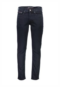 Vaqueros de mezclilla ajustados en azul oscuro con una textura de mezclilla suave, que presentan un botón metálico, cinco bolsillos y una cinturilla con logo.