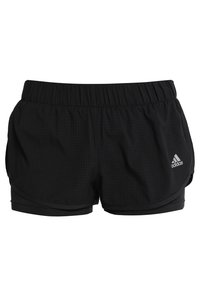 Pantalones cortos deportivos negros con una superficie texturizada, cinturilla elástica y forro interior, que presentan un pequeño logo blanco en la parte inferior derecha.