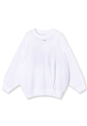 Biała, oversize bluza z teksturowanym splotem, szerokimi rękawami i okrągłym dekoltem. Posiada małą metkę marki z przodu.