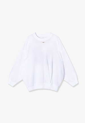 Biała, oversize bluza z teksturowanym splotem, szerokimi rękawami i okrągłym dekoltem. Posiada małą metkę marki z przodu.