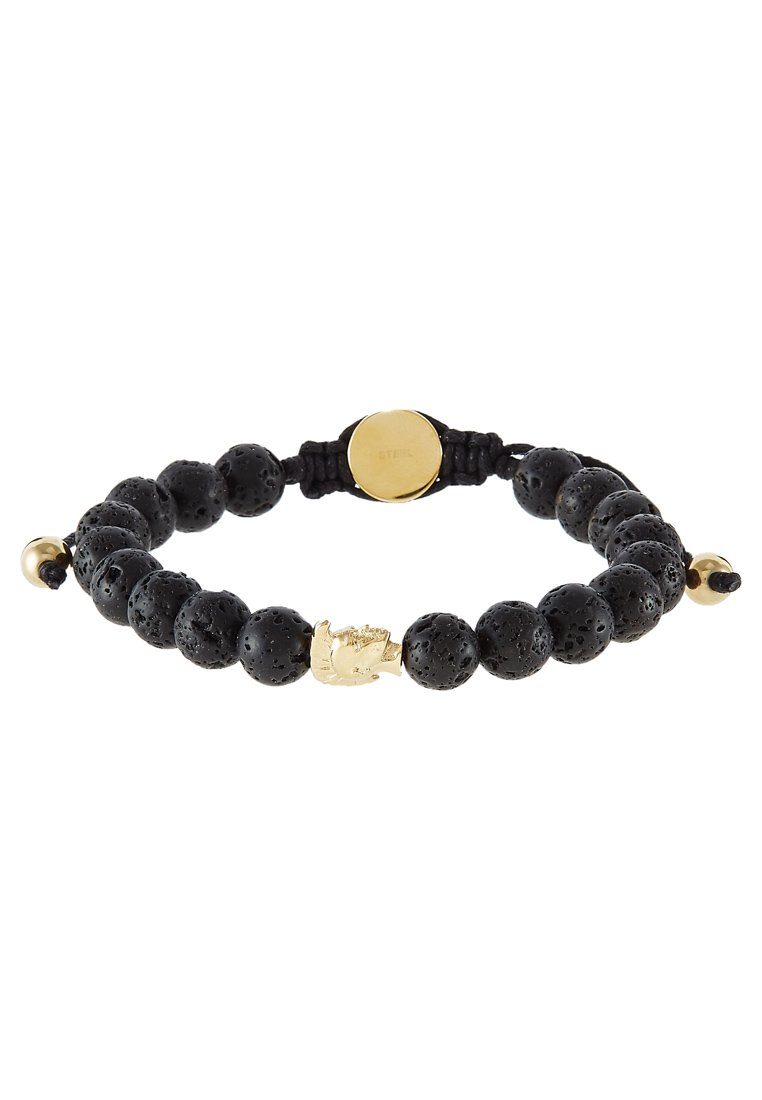 Armband aus Lavasteinen in Schwarz mit goldfarbenen Akzenten und einem zentralen Dekorationselement. Verstellbarer schwarzer Kordelverschluss für sicheren Halt.