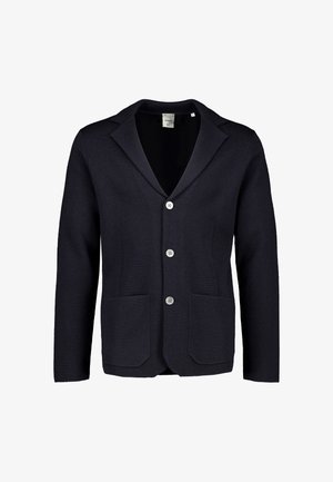 Mørkeblå afslappet blazer med tre knapper, revers med hak og to forlommer, vist på en hvid baggrund.