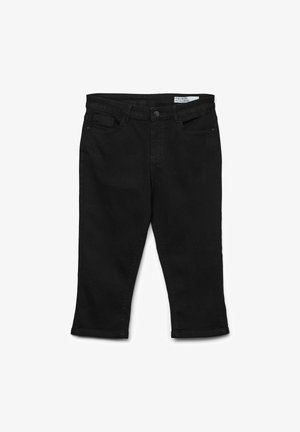 Juodos džinsinės capri kelnės su tiesiu kirpimu, penkių kišenių dizainu ir mygtukų uždarymu priekyje. Ypatinga siūlių apdaila ir lygus audinys.