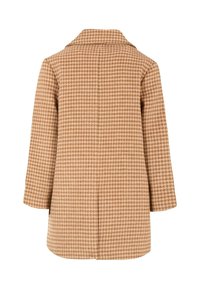 Bruine houndstooth patroonjas met een gekartelde kraag en lange mouwen. Gladde textuur, rechte snit en een zoom die tot halverwege de dij valt.