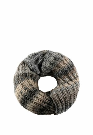 Thick knitted infinity scarf with gray, beige, and black variegated stripes, arranged in a circular loop on a white background.
