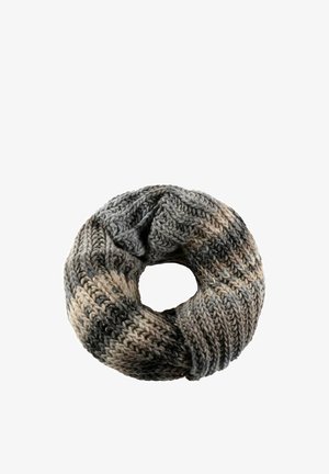 Thick knitted infinity scarf with gray, beige, and black variegated stripes, arranged in a circular loop on a white background.