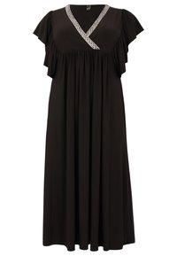 Schwarzes Kleid mit kurzen Rüschärmeln, V-Ausschnitt und dekorativem silbernen Besatz. Aus weichem Stoff gefertigt, mit fließender Silhouette und geraffter Taille.
