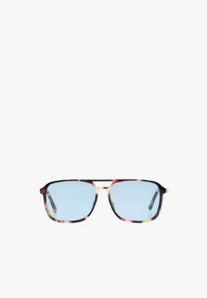 Occhiali con lenti rettangolari tinta blu e montatura tartarugata con design a doppio ponte.