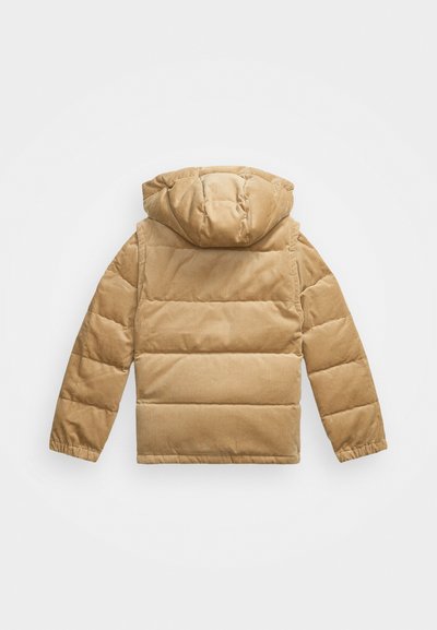 Giacca puffer in corduroy beige con cappuccio, caratterizzata da un motivo trapuntato e polsini elastici. Tessuto liscio con una vestibilità comoda.