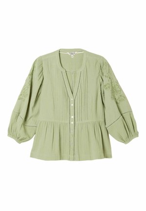 Lysegrøn bluse med lange ærmer og knapper foran, broderede blomsterdetaljer på ærmerne, indsnævret talje og rund halsudskæring.