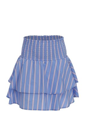Blauwe mini-rok met hoge taille, witte en roze verticale strepen en een gelaagde rucheszoom.