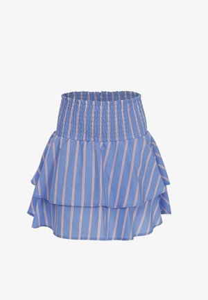 Blauwe mini-rok met hoge taille, witte en roze verticale strepen en een gelaagde rucheszoom.