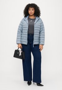 Gaiši zils pūkainais mētis ar kapuci, kombinēts ar tumši pelēku krekli, ziliem džinsiem un melnu rokassomu ar rozā akcentu.