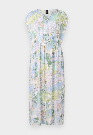 Kurzes, ärmelloses V-Ausschnitt-Kleid in Hellblau mit bunten tropischen Mustern, ausgestattet mit elastischem Bund und einem knielangen, fließenden Design.