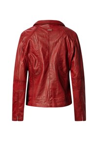 Rote Lederjacke, glatte Textur, taillierter Schnitt, auffällige Nähte und klassischer Kragen. Verfügt über Reißverschlüsse an den Ärmeln und ein Etikett.