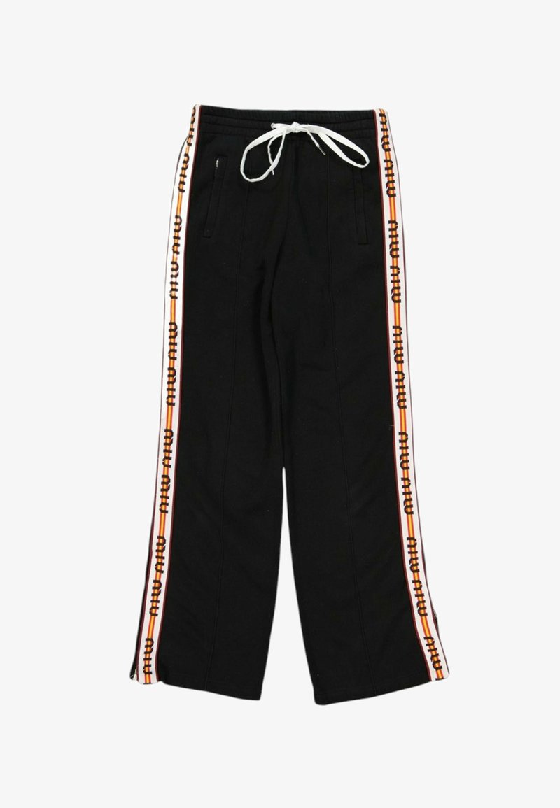 Pantalon noir à jambes larges avec taille à cordon blanc et bandes latérales présentant le logo "miu miu" répété en noir sur fond orange et blanc.