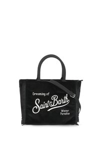 Sac cabas en velours noir avec un grand motif brodé blanc portant l'inscription « Dreaming of Saint Barth Winter Paradise ». Comprend deux poignées supérieures et une bandoulière.