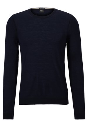Marinblå långärmad tröja i lätt material, med rundad halsringning och ribbade ärmslut och nederkant. Tagg med "BOSS" synlig.