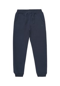 Marineblaue Jogginghose aus weichem Material, mit einem elastischen Bund und Kordelzug sowie seitlichen Taschen; schmal zulaufendes Bein.