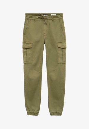 Pantalon cargo vert olive avec poignets élastiques, poches à rabat sur les côtés, poches fendues à l'avant, passants pour ceinture et taille à cordon de serrage.