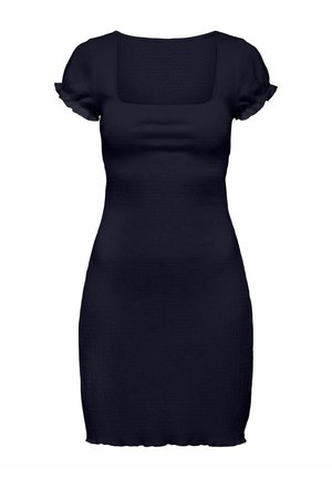 Čierne priliehavé šaty s krátkym rukávom, štvorcovým výstrihom a mierne naozajlými lemami rukávov a spodnej časti.