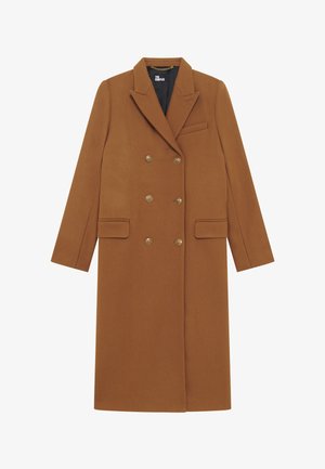 Abrigo marrón de doble botonadura hecho de lana, con acentos de botones dorados, solapas de pico y bolsillos de solapa; de longitud media y ajuste entallado.