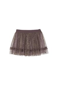 Tyllkjol i mörk mauve med guldglitterprickar, med en volangnederkant och ett brett elastiskt midjeband för komfort.