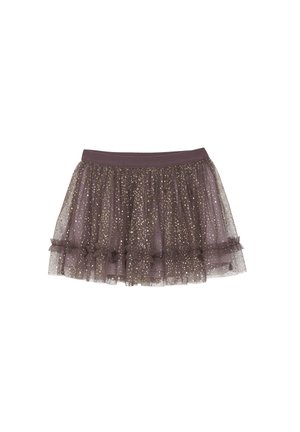 Tulle rok in donker mauve met gouden glinsterende stippen, met een gerimpelde zoom en een brede elastische tailleband voor comfort.