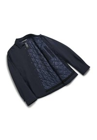 Giacca blu navy con chiusura a bottoni e foderatura trapuntata. Presenta un colletto e una texture solida, con cuciture visibili e un'etichetta di marca interna.