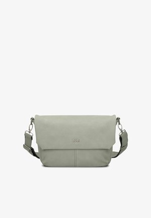 Grau-grünes Umhängetasche aus strukturiertem Material, mit umklappbarem Deckel, verstellbarem Tragegurt und silbernen Hardware-Akzenten.
